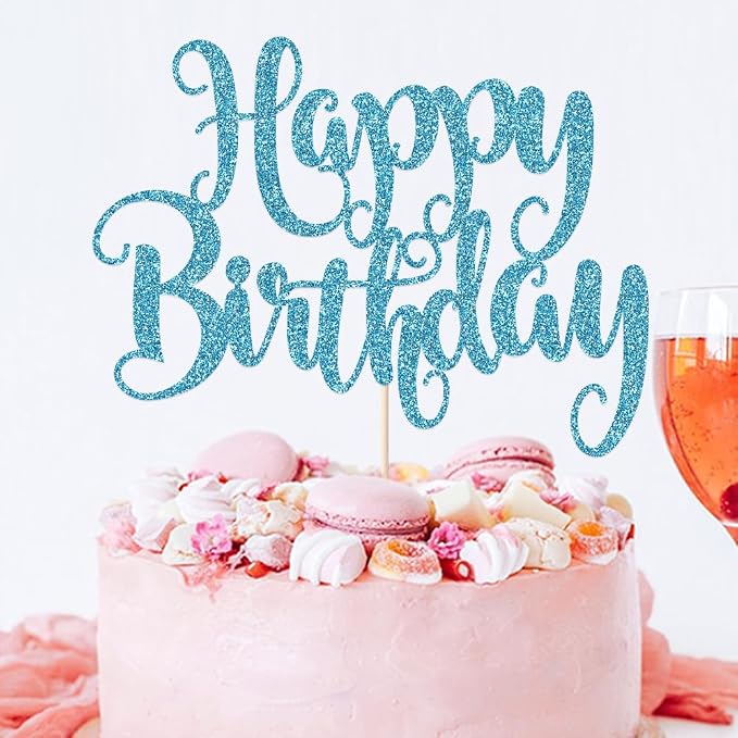 Happy Birthday Cake Topper- Glitter Happy Birthday Cake Decor, Handmade Anniversary/Birthday Party Supplies (Light blue)