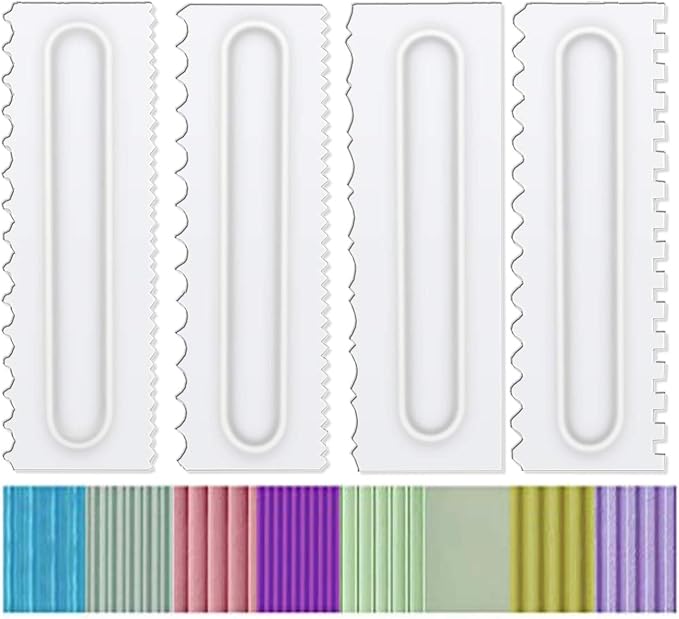 Decorating Comb and Icing Smoother Set of 4 Pack Decorating Mousse Butter Cream Cake Edge Tools, Plastic Sawtooth Cake Scraper Polisher 8 Design Textures-White