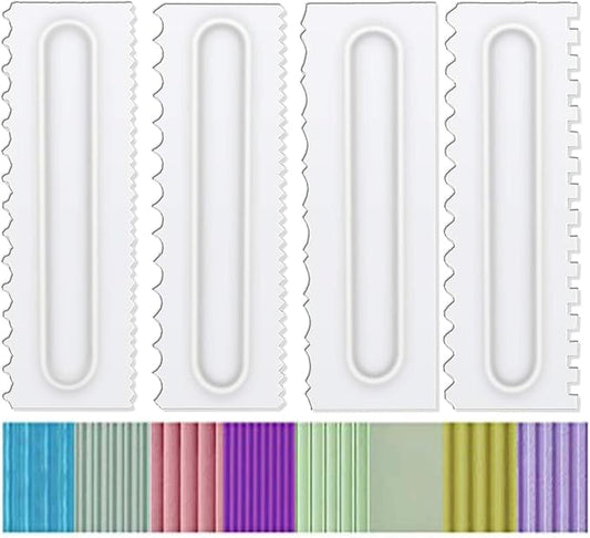 Decorating Comb and Icing Smoother Set of 4 Pack Decorating Mousse Butter Cream Cake Edge Tools, Plastic Sawtooth Cake Scraper Polisher 8 Design Textures-White