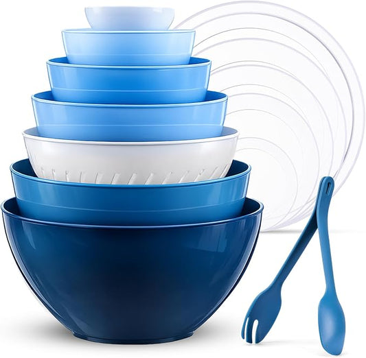 LUXEAR 15 Piece Mixing Bowls with Lids Set, Super Large(6.87-0.21QT) Plastic Nesting Bowls 6 Prep Bowls 6 Lids 1 Colander 2-in-1 Spoon Microwave Dishwasher Safe for Preparing Mixing Serving Storing