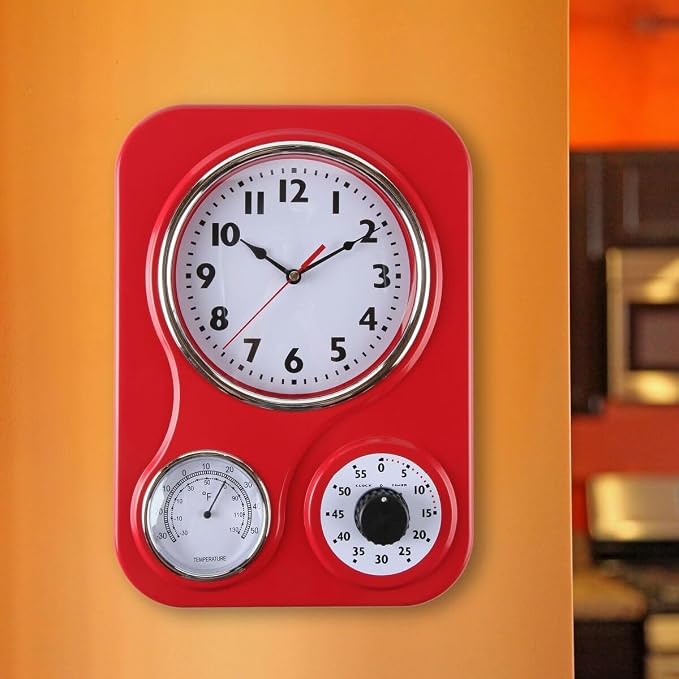 Lily's Home - 9 Inch x 12.5 Inch - Retro Kitchen Wall Clock, Vintage Wall Clock with a Thermometer and 60-Minute Timer, Ideal for Any Kitchen, Office, or Diner (Red)