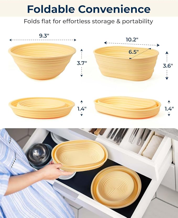 Lorzon Silicone Banneton Bread Proofing Baskets Set of 2, 9" Round & 10" Oval Foldable Sourdough Proofing Baskets, Silicone Proofing Bowls for Sourdough Bread, Easy to Clean and Store