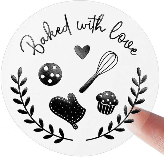 100 Baked with Love Stickers, Bakery Stickers, Baking Stickers & Cookie Stickers for Homemade Treats, Sourdough Bread, Pastry Packaging, Clear Black Foil Labels for Gift Bags & Small Business, 1.6''