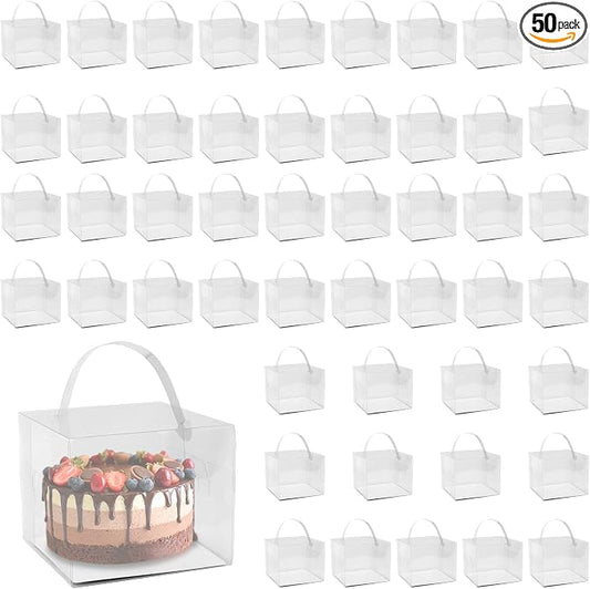 KEILEOHO 50 PCS 5 x 5 x 4 Inch Transparent Bakery Boxes, Clear Cake Box, Plastic Cake Carrier with Lid and Handle Transparent Gift Favor Box Cupcake Treat Boxes for Party, Wedding
