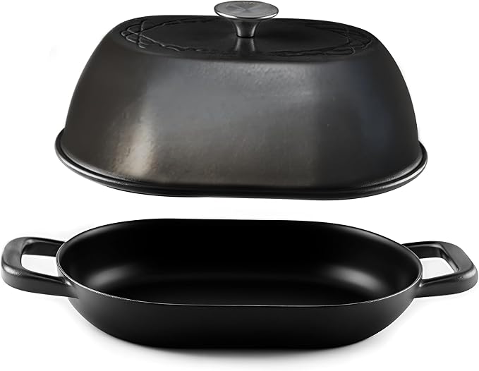 Krustic Enameled Cast Iron Dutch Oven for Professional Sourdough Bread Baking | 5.5 Quart Loaf Size Oval Cookware Pot with Lid | Triple-Layer Enamel Coating Pan with Non Stick Silicone Mat | Black