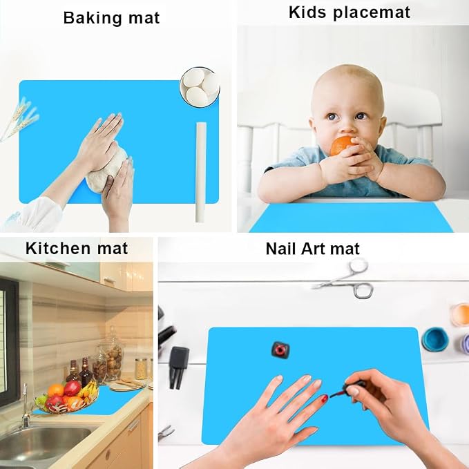 Silicone Craft Mat for Kids, 15.7" x 11.8" Placemats for Kids, Silicone Sheet for Crafts, Kitchen Non-Stick Heat Resistant Countertop Mat, Portable Multipurpose Mat, Blue