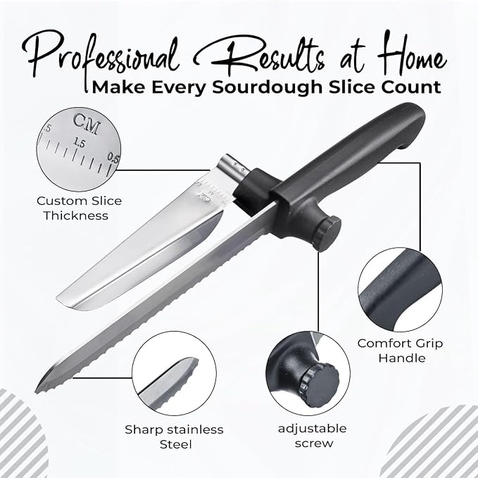Bread Slicer for Homemade Bread, Sourdough Baking Supplies, Cake Knife, Sour Dough tools, Lame, Scoring Tool, Serrated Knives, Accessories for Sourdough Rounds, Adjustable Slicing Guide.