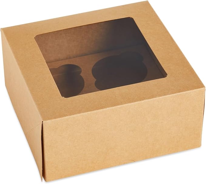 Juvale Cupcake Boxes - 6 x 6 in, 24 Count, Brown - 4-Cup Insert & Clear Window Cupcake Containers & Muffin Boxes