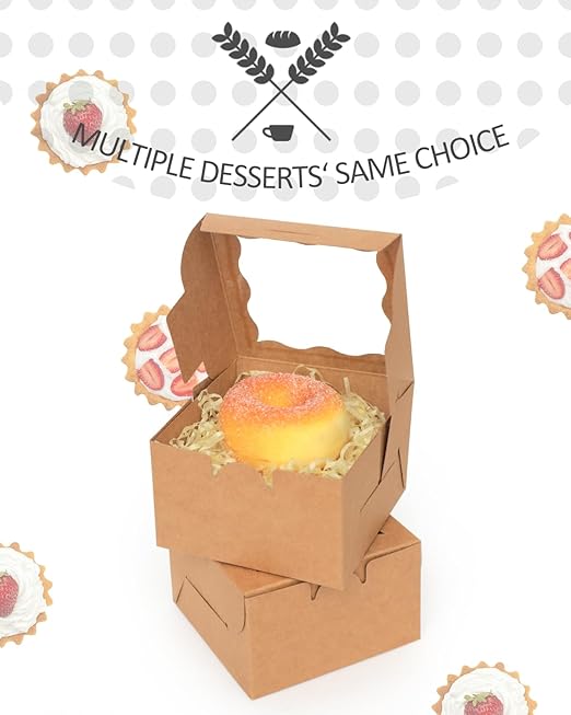 qiqee 200Pcs Brown Bakery Box with Window 4"x4"x2.5" Macaron Boxes Small Donut Pastry Boxes for Party Mini Cookie Boxes