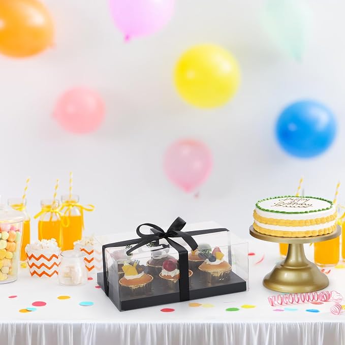 EUSOAR Cupcake Boxes 6 Count, 6 Pack Clear Black Bakery Mini Cake Take out Containers with Gift Ribbon, Rectangle Dessert Pastry Holder Cookies Wrappers Disposable for Birthday Wedding Tea Party