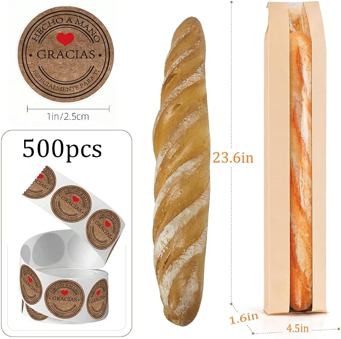 Bread Bags for Homemade Bread with 500 Labels, 60-Pack 4.5 x 1.6 x 23.6 Inch Paper Bags for Bread with Clear Window, Bakery Gift Packaging for Baguette, Sourdough Storage