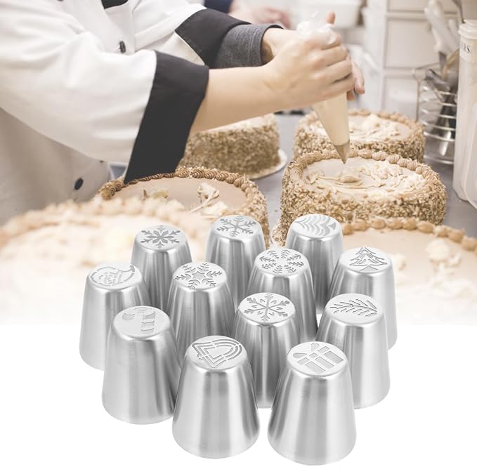 Yardwe 12Pcs Christmas Russian Piping Tips Set, Flower Frosting Nozzles Icing Tips for Cake Cookie Cupcake