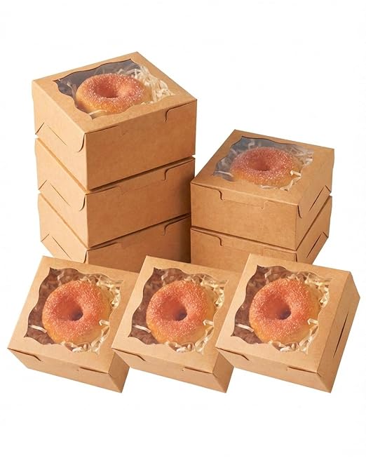 qiqee 400Pcs Brown Bakery Box with Window 4"x4"x2.5" Macaron Boxes Small Donut Pastry Boxes for Party Mini Cookie Boxes