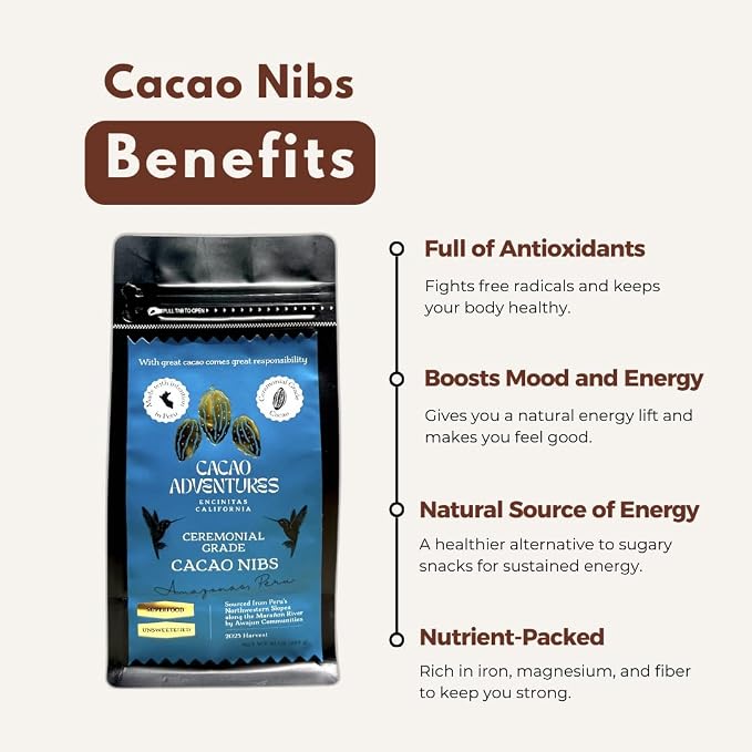 Cacao Adventures Raw Cacao Nibs, High-Amazon Basin Peru, 10 oz | Heavy Metals Safe