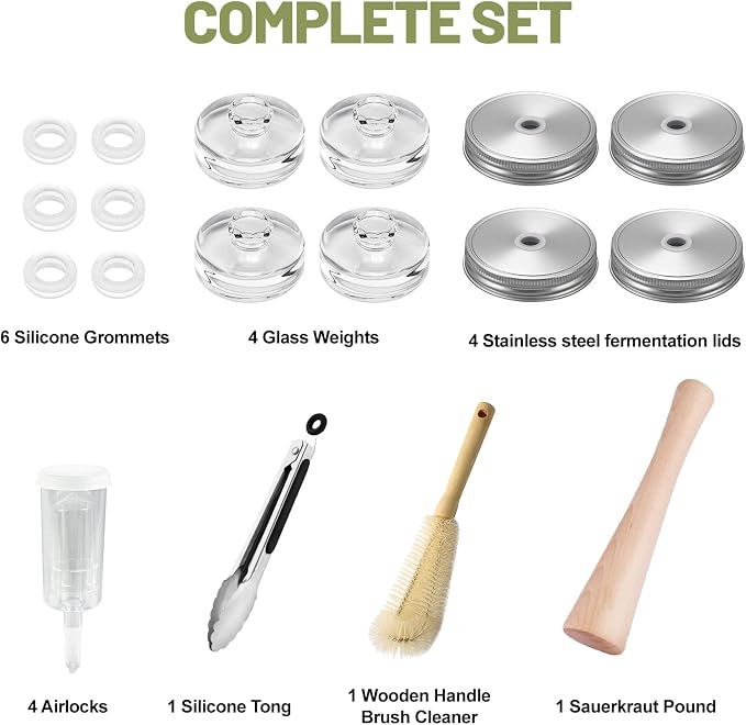 Fermentation Kit for Wide Mouth Mason Jars-4 Stainless Steel Fermentation Lids,4 Glass Fermentation Weights,1 Silicone Tong,1 sauerkraut pound, 1Wooden Handle Brush Cleaner（ Jars Not Included ）
