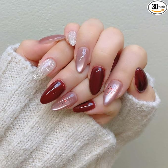 30Pcs Press on Nails Short Almond ZWENJIE Cat Eye Fake Nails Press ons Nail Tips Stick on Nails Glitter Tip Acrylic Nails Kit French False Nails with Red Blush Design Nail Art for Women Manicure