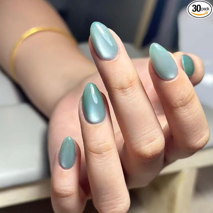 30Pcs Press on Nails Short Almond ZWENJIE Cat Eye Fake Nails Press ons Nail Tips Stick on Nails Tip Acrylic Nails Kit French False Nails with Macaron Colors Design Nail Art for Women Manicure