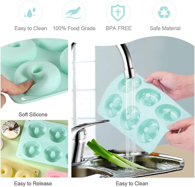 Silicone Donut Pan, Non-Stick Mold, Donut Mold for 6 Full-Size Baking Perfect Shaped Doughnuts - Cake Biscuit Bagels 2Pcs (Mint Green)