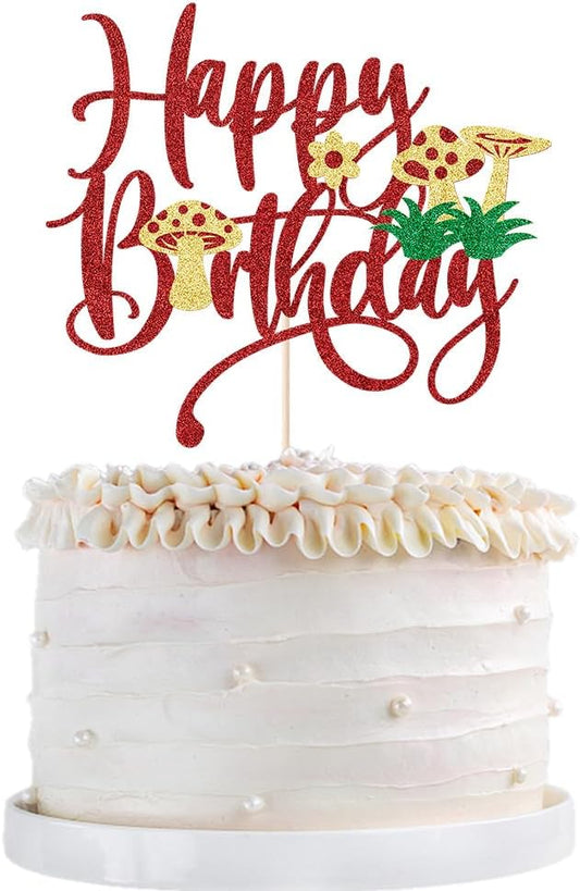 Mushroom Cake Topper- Glitter Mushroom Birthday Cake Toppers,Mushrooms and flowers in spring,Baby Shower Boy Girl Birthday Party Decoration Supplies