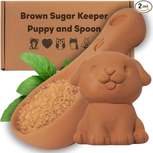 Sifri 3D Brown Sugar Keeper 2-in-1 Set – Terracotta Clay Puppy & Spoon Saver Softener – Cute Kitchen Storage & Freshness Holder for Sugar – Gift for Bakers (1, Dog and Spoon)