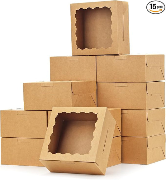 Moretoes 15pcs Cookie Boxes with Window, 6x6x3in Brown Bakery Boxes for Treats, Small Cake, Desserts, Donuts, Pastry