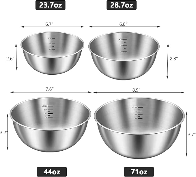 4 Pack Stainless Steel Mixing Bowl Set, Microwave and Dishwasher Safe,Ideal for Baking, Prepping, Cooking and Serving Food