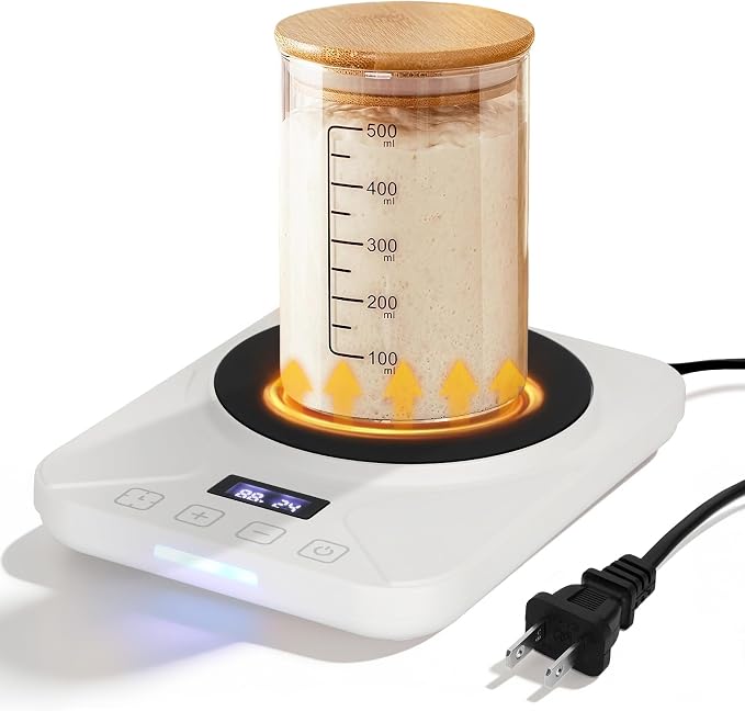 Sourdough Starter Warmer with 1°F Thermostat Control(70-100℉)24H Timer Memory Function Heating Pad for Fermentation, Heating Mat for Home Baking Fits Jars Up to 40oz (White)