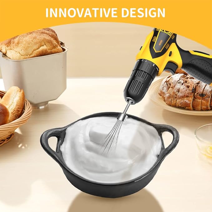 homicozy 3-Piece Stainless Steel Hand Mixer Attachment Set - Whisk, Dough Hook, Egg Beater for Drills - Dishwasher Safe, 7.5 Inch (Drill Not Included)