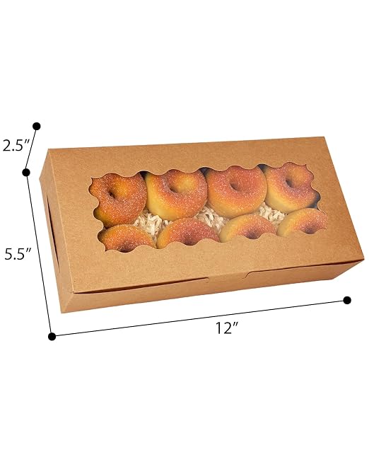 qiqee 50 Packs Brown Cookie Box with Window 12x5.5x2.5 Inch Two Uses Pastry Biscuit Bakery Box For Packaging
