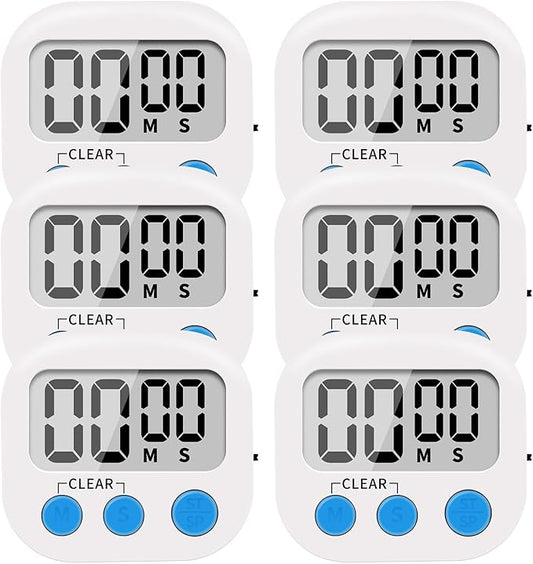 LinkDm 6 Pack Small Digital Kitchen Timer Magnetic Back and ON/Off Switch,Minute Second Count Up Countdown, White