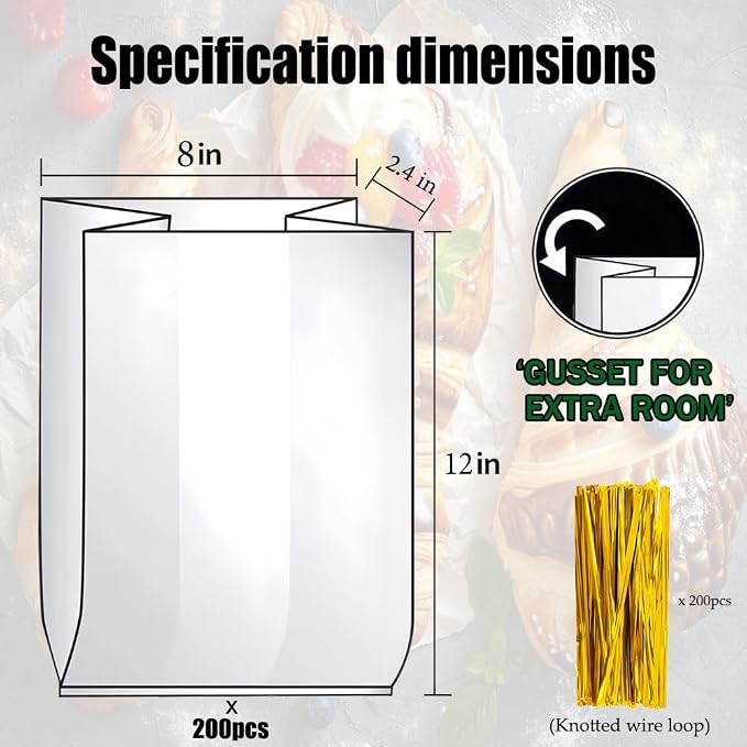 Reusable Bread Bags for Homemade Bread & Sandwich Bread ， 200 Pack Clear Plastic Storage Bags with Ties, Airtight Food Safe Design for Home Bakers and Bakeries（8"x2.4"x12"）