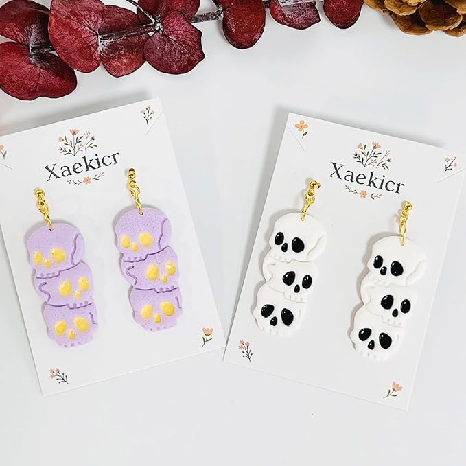 Xaekicr Halloween Skull Polymer Clay Cutters – 3-Stacked Skull Shape Clay Earring Cutters for DIY Jewelry, Polymer Clay Molds, Clay Tools – Halloween Cookie & Earring Making Supplies