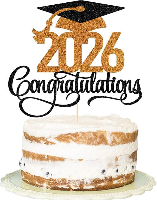 Glitter 2026 Congratulations Graduation Cake Topper,Congrats Grad Cake Decor - 2026 High School/College/Senior Graduation Party Decorations Supplies (2026Congratulations Black orange)