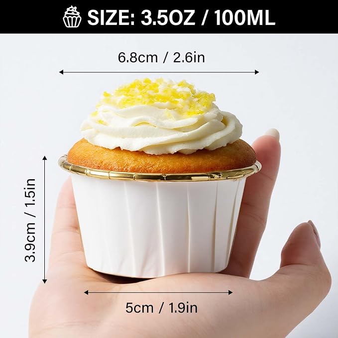 EUSOAR Baking Cups, 100pcs 3.5oz Aluminum Foil Ramekins Paper Cupcake Containers, Disposable Wrappers Mini Cheesecakes Cups Holder Muffin Cupcake Liners for Birthday Wedding Party-White/Gold