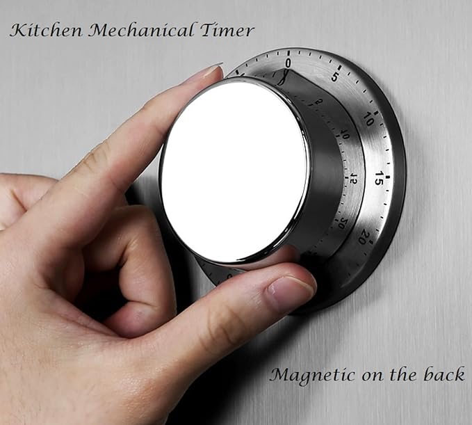VEDA Mechanical Kitchen Timer, Chef Cooking Timer Clock with Loud Alarm, 60-Minute Countdown, Magnetic Backing, Stainless Steel body, Sliver