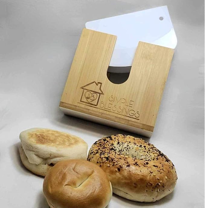 Bamboo Bagel Slicer w/Two Plastic Inserts & Non-Slip Silicone Pad - Adjustable Cutter Holder for Small & Large Bagels - Moisture Resistant & Thick Base