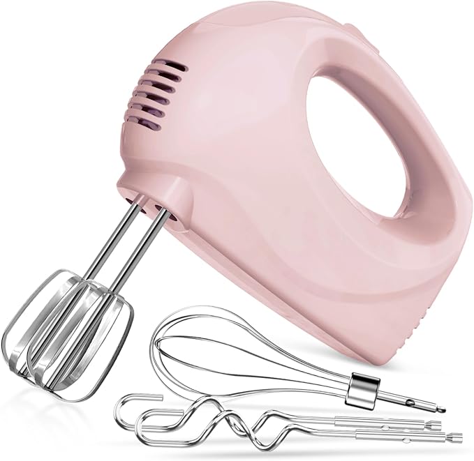 Handmixer Electric Handheld - 5 Speed Portable Kitchen Mixer Electric with 5 Stainless Steel Accessories Whisk, Food Beater for Whipping Mixing Cookies(Pink)