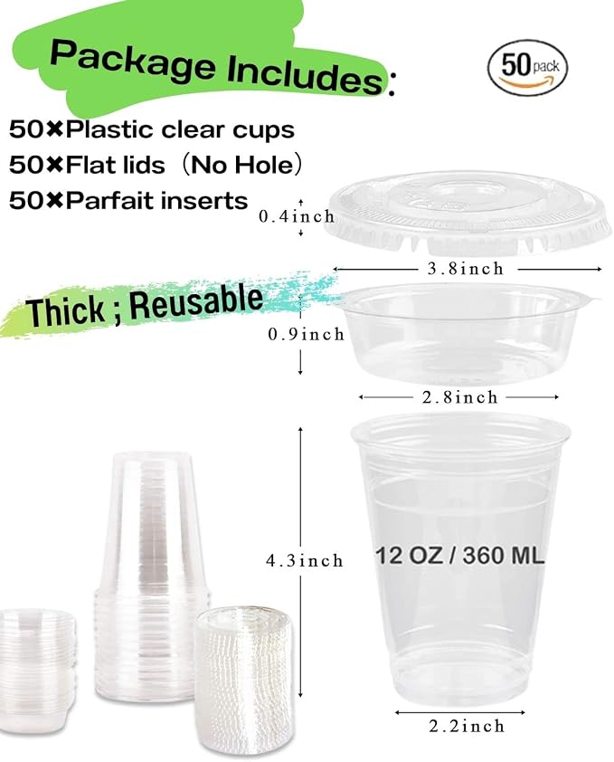 50 Sets 12 oz Clear Plastic Cups with Insert & Flat Lids(NO HOLE) - Disposable Parfait Cups with Lids for Fruit Yogurt Smoothie Iced Cold Drinks Dips and Veggies, No Leaking