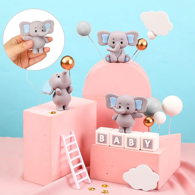 Yinder Bear Cake Toppers Mini Bear Cake Decorations Cake Toppers Gold White Pearl Ball for Birthday Party Decorations(Gray,Elephant Style)