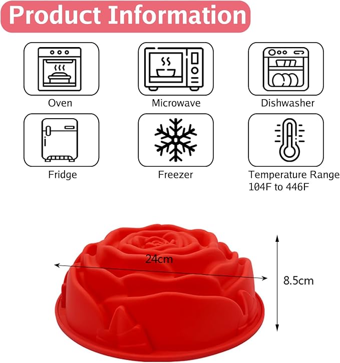 Joyeee 9.4'' Rose Flower Cake Mold Pan, Silicone Baking Mold for Birthday Cake, Muffin, Bread, Pie, Flan, Tart, Mousse, Cheesecake - Non-Stick Baking Trays - Great For Parties, Holidays