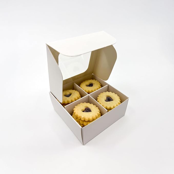 Treat Boxes - 20 ct 3.5 x 3.5 x 1.6 in Bakery Boxes with Windows and Dividers for Candy, Cookies, Cupcakes, or Bakery Desserts - Chocolate, Treats, and Baked Goods Packaging for Gifting