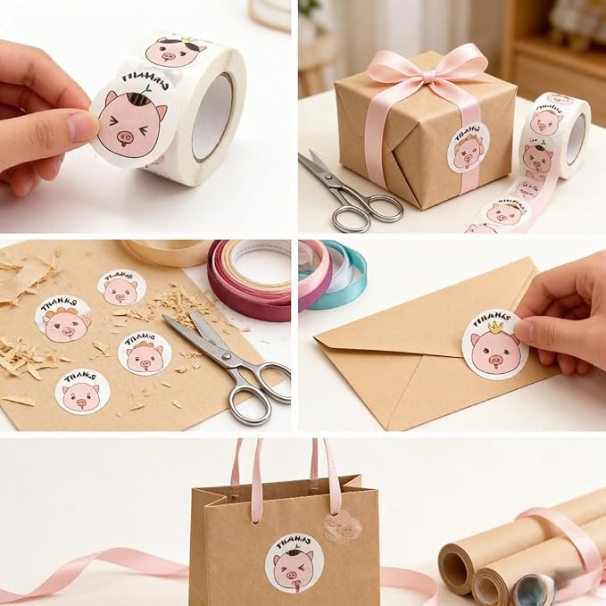 BLESS-VAST 500 PCS Thank You Stickers for Small Business - 1 Inch Cartoon Animal Cute Pig Thank You Stickers for Baking Packaging Envelope Seals Wedding Birthday Party Gift Wrap Bag (Pig)
