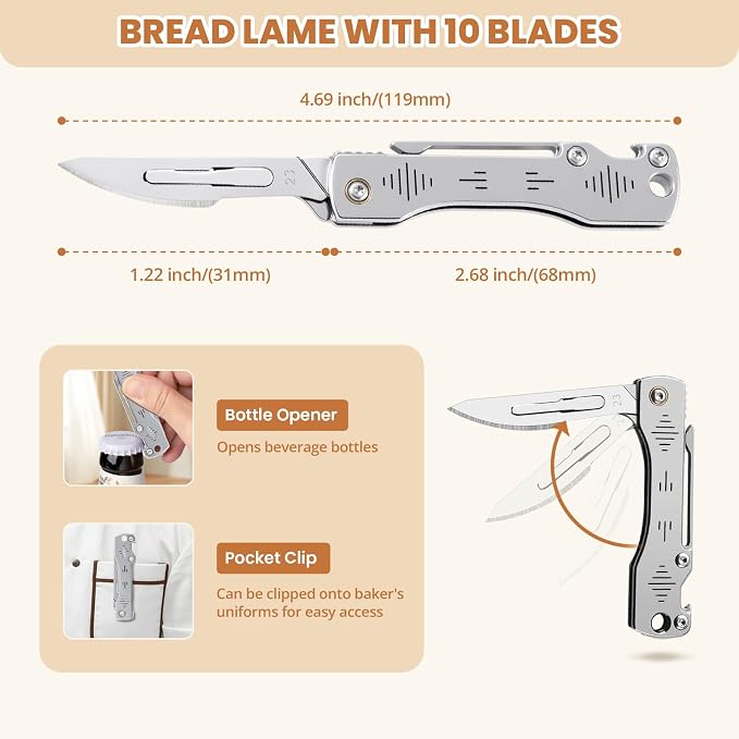 Bread Lame, Folding Sourdough Scoring Tool with Belt Clip & 10 Blades: Professional Dough Scorer for Artisan, Homemade Baking | EDC Portable Kitchen Cutter, Craft Knife, Hobby Tool & Box Opener