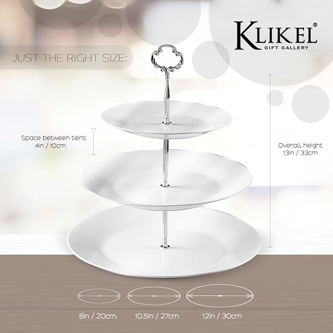 Klikel 3 Tiered Serving Stand -silver Serving Tray For Parties - Round Platter For Cupcakes Fruits Dessert or Tea - Cake Pop Stand And Buffet Server