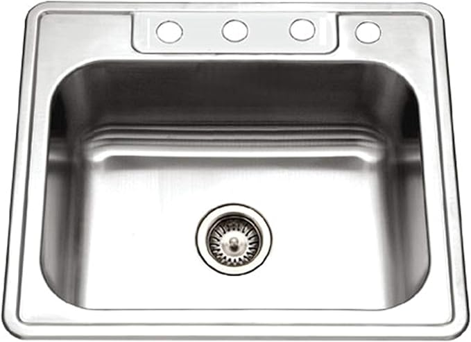 Houzer 2522-9BS4-C Glowtone 25 Inch Stainless Steel Kitchen Sink, 4 Hole, Drop-In, Topmount, 18-Gauge T304 Stainless Steel, 9 Inch Depth, Cabinet Compatibility, Lustrous Satin Finish