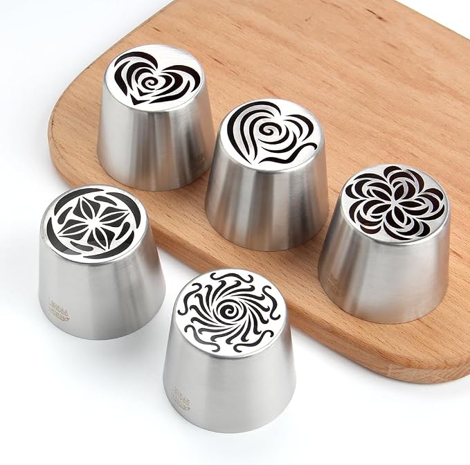 5 Pieces Stainless Steel XXL Russian Icing Nozzle Kit with 1 Ruffle Tip & 1 Clean Brush,Cake Decorating Frosting Piping Tip,Pastry Baking Tools