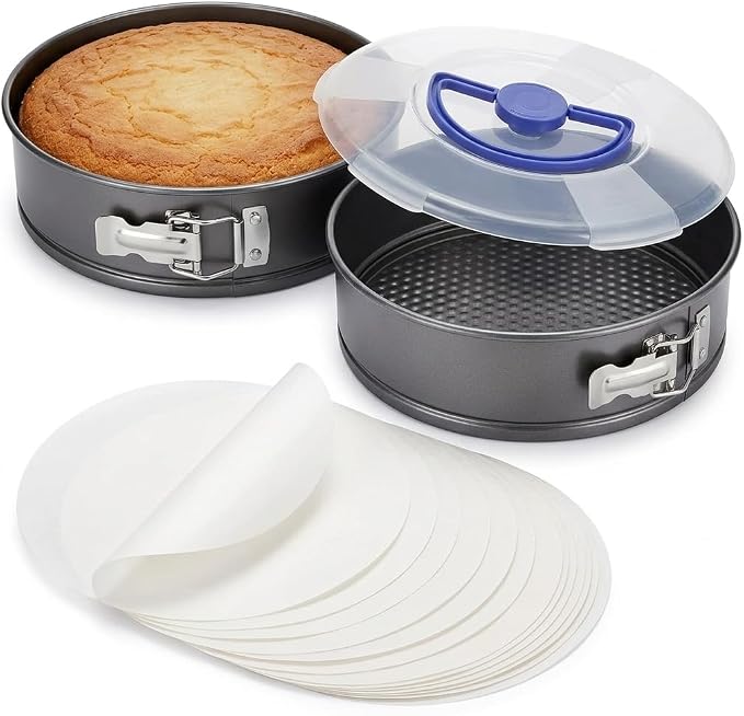 Springform Pan 9 Inch Nonstick for Cheesecake, 2 Pcs Cheesecake Pan with Lids & Removable Bottom, Gray Carbon Steel Cake Pan wth 50 Parchment Papers for Pie Cake Pizza