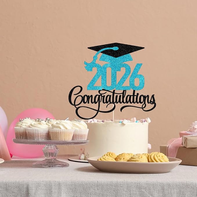 Black blue Glitter 2026 Congratulations Graduation Cake Topper,Congrats Grad Cake Decor - 2026 High School/College/Senior Graduation Party Decorations Supplies
