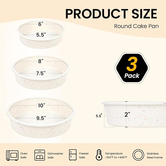Vinino 3 Pack Round Cake Pan Set (6''/8''/10'') with Metal Reinforced Frame, Circle Cake Pan for Baking Nonstick Silicone Springform Pan for Baking Suitable for Making Layers, Cheese & Chocolate Cakes