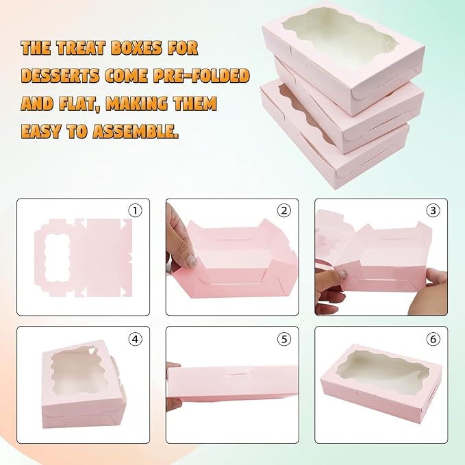 Cookie Boxes with Window Pink Bakery Boxes 7 x 4.3 x 1.5 Inch Takeout Treat Boxes for Cookies, Donuts, Pastry, Strawberries, Macarons(20PCS)